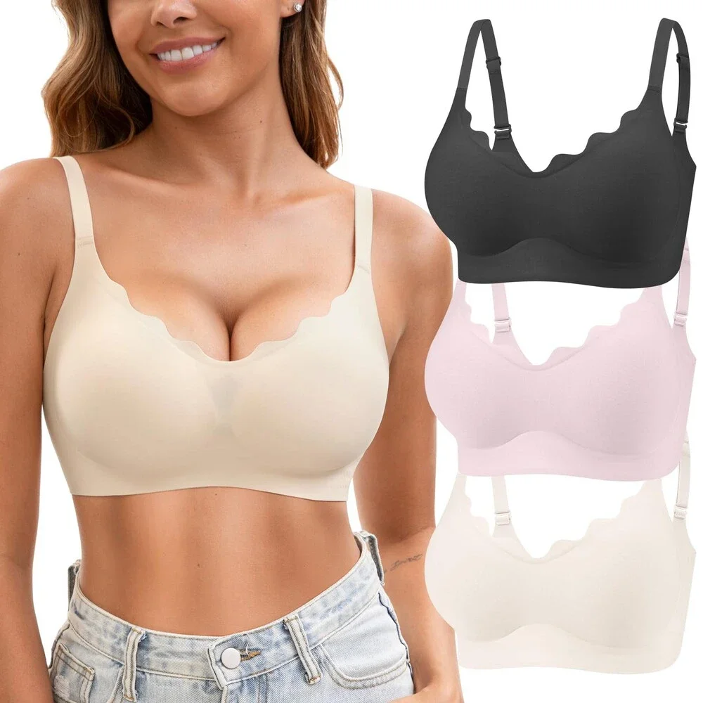 Jasmolly Women's Seamless T-Shirt Bras 3 Pack Wireless Comfy Jelly Bra Full L